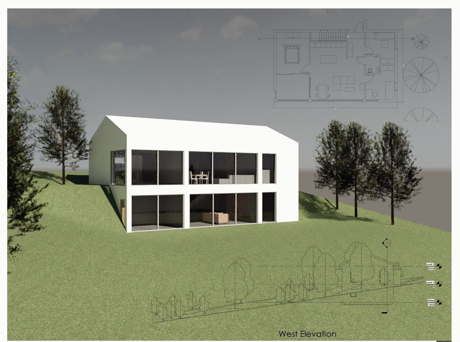 Render of the white two-storey gabled house with a fully glazed lower floor, on a grassy slope among pine trees.