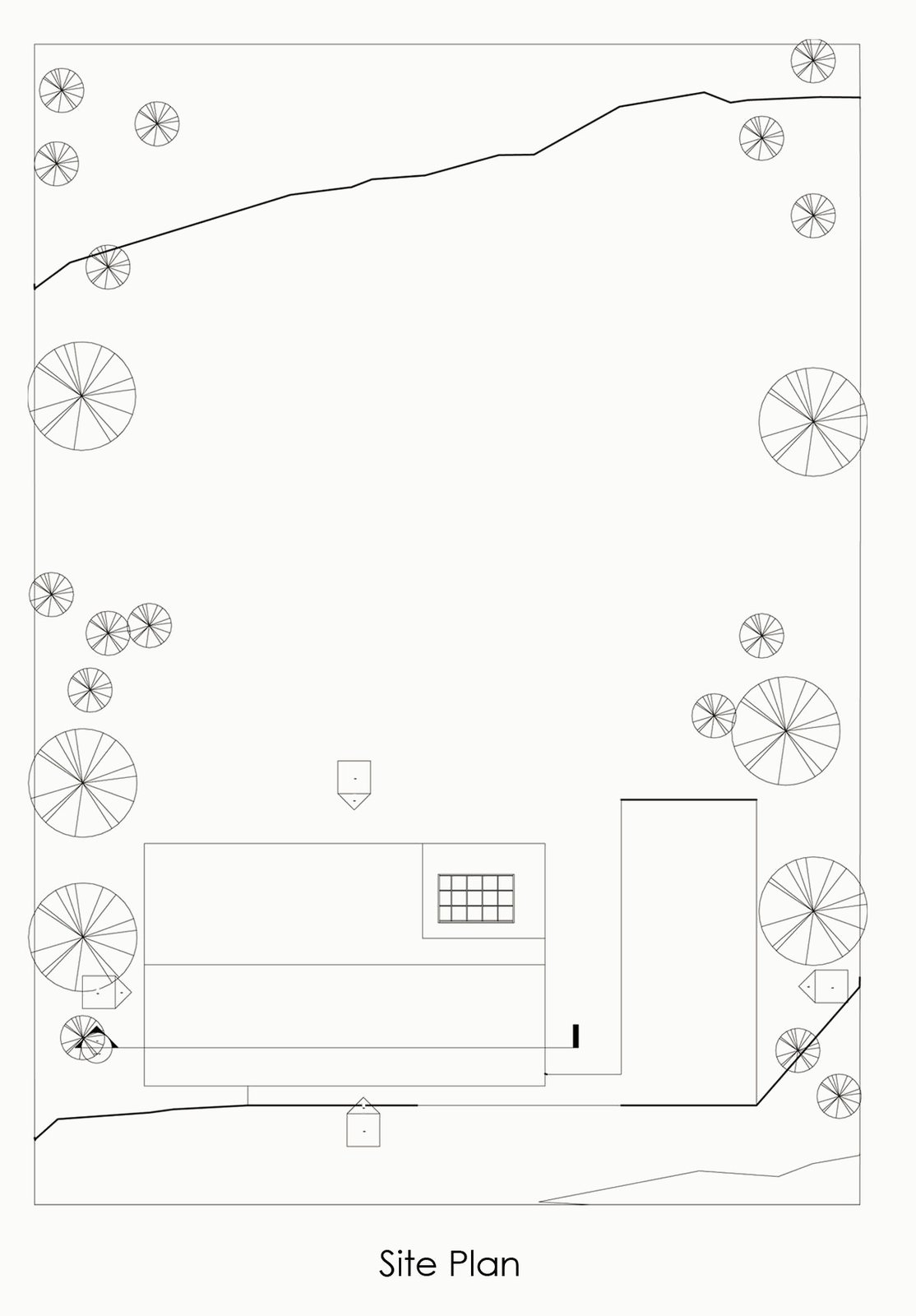 Site plan showing the house on the plot with contour lines and trees.