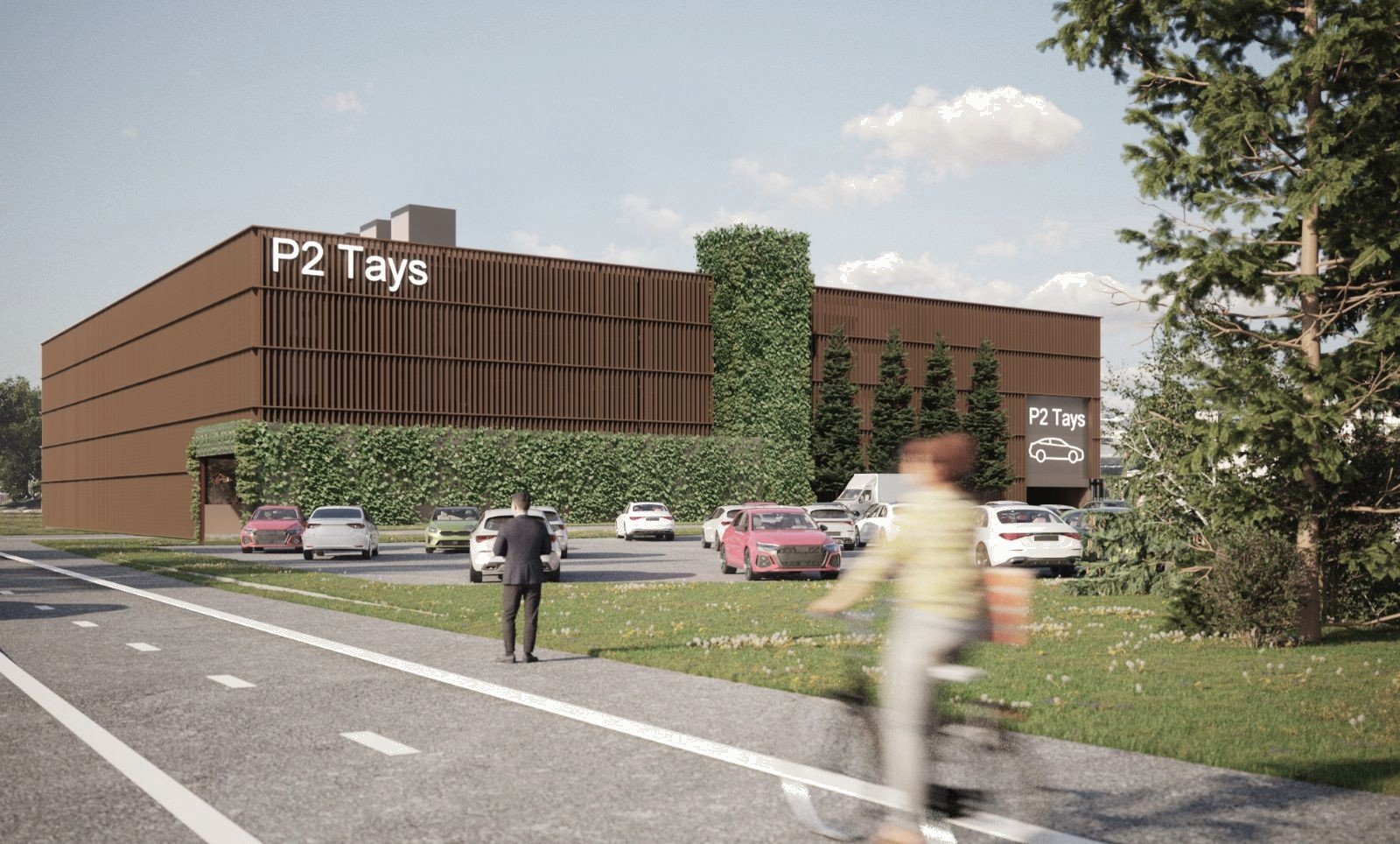 Visualisation of the arrival from Lääkärintie: a multi-storey parking building clad in brown vertical slats with a green wall and P2 Tays signage, with a cyclist passing in front.
