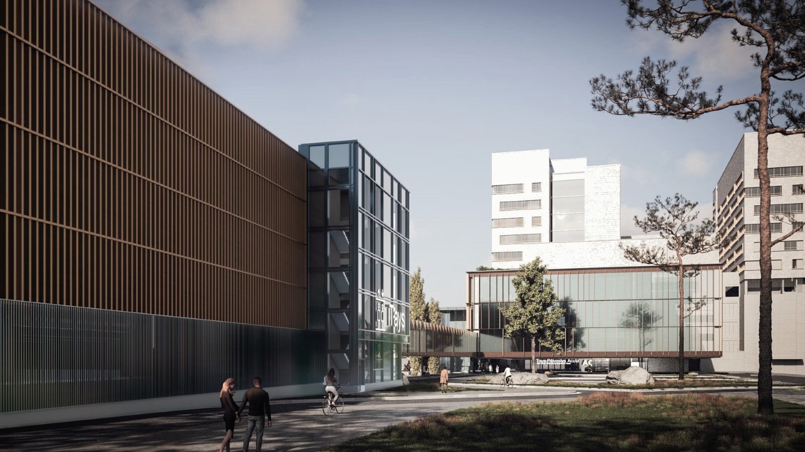 Visualisation of the arrival from Niveltie: the slatted parking building alongside a glazed entrance, with hospital towers behind.