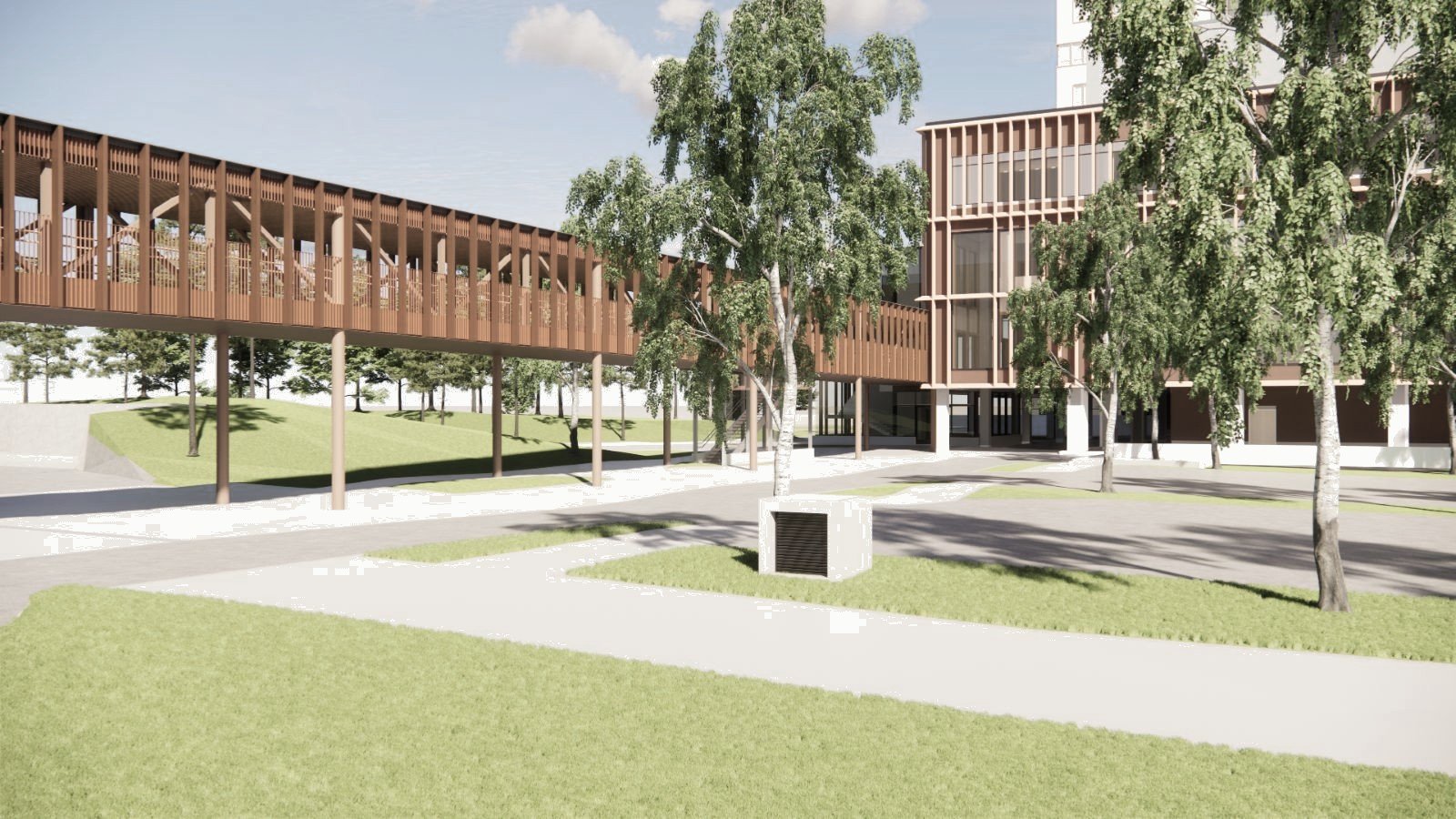 Visualisation of the timber-clad connecting bridge spanning between buildings above a landscaped walkway with birch trees.