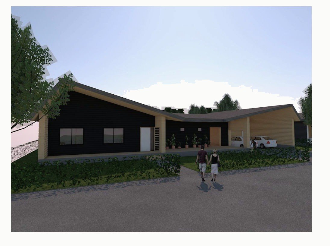 Exterior render: dark-clad single-storey house with a timber-lined porch, seen from the street.