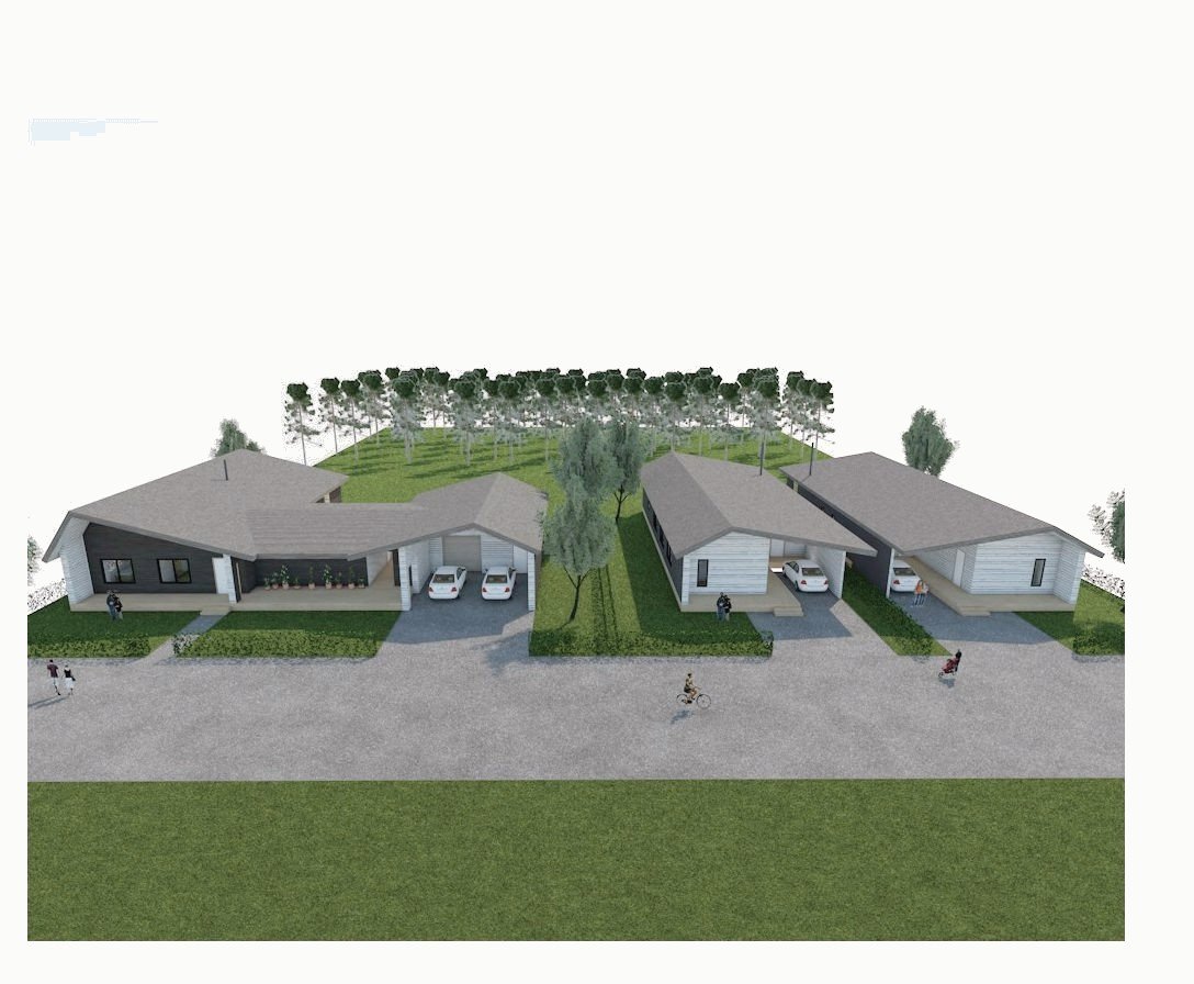 Exterior render: the three houses side by side along a shared drive.