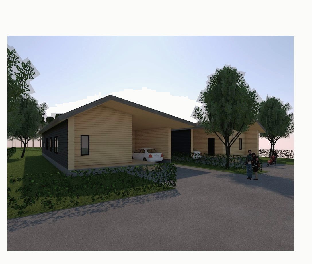 Exterior render: light-brown house with a car porch among trees.