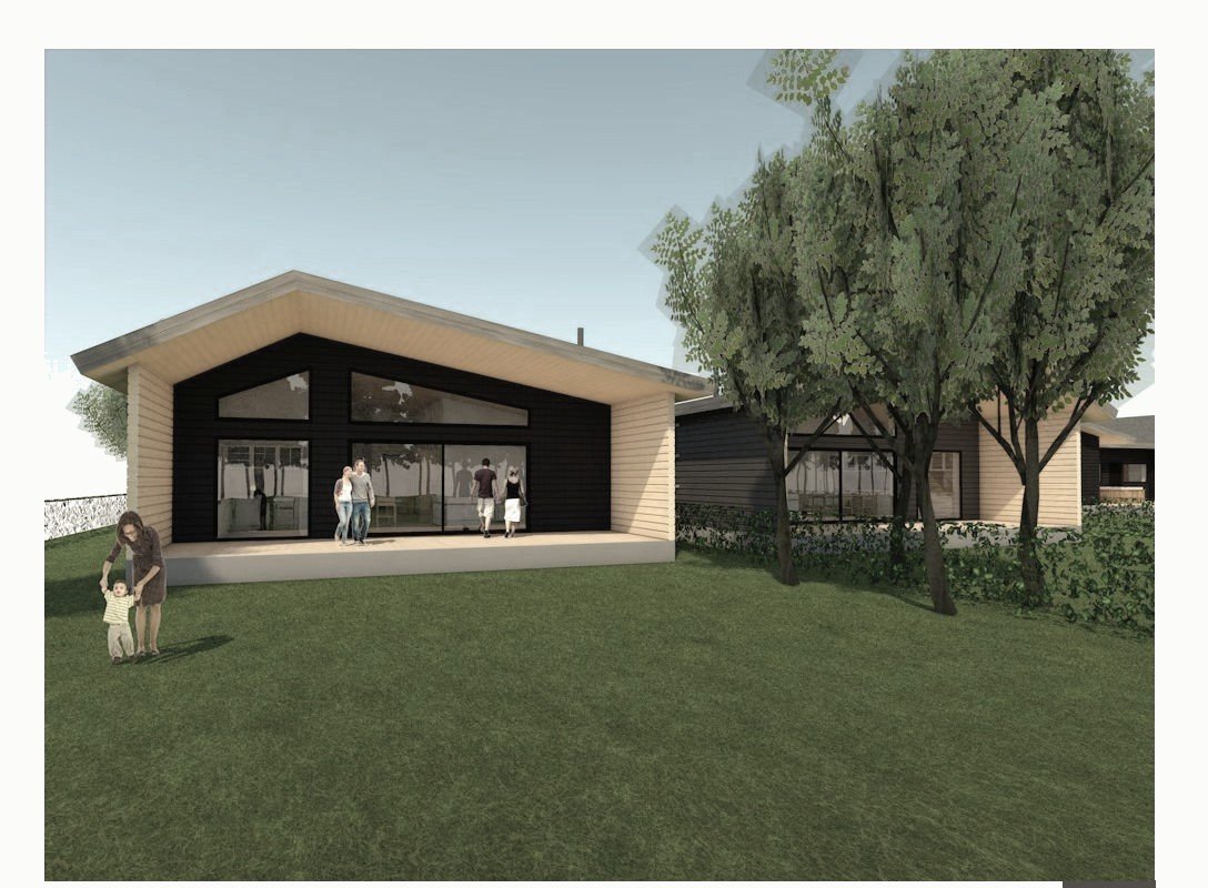 Exterior render: rear of a house with a wide timber-framed glazed gable opening onto the lawn.