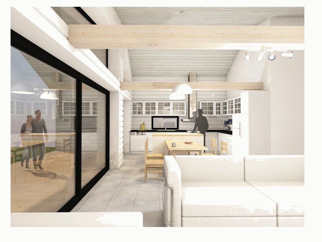 Interior render: bright open kitchen and living room with white furniture and floor-to-ceiling glazing.