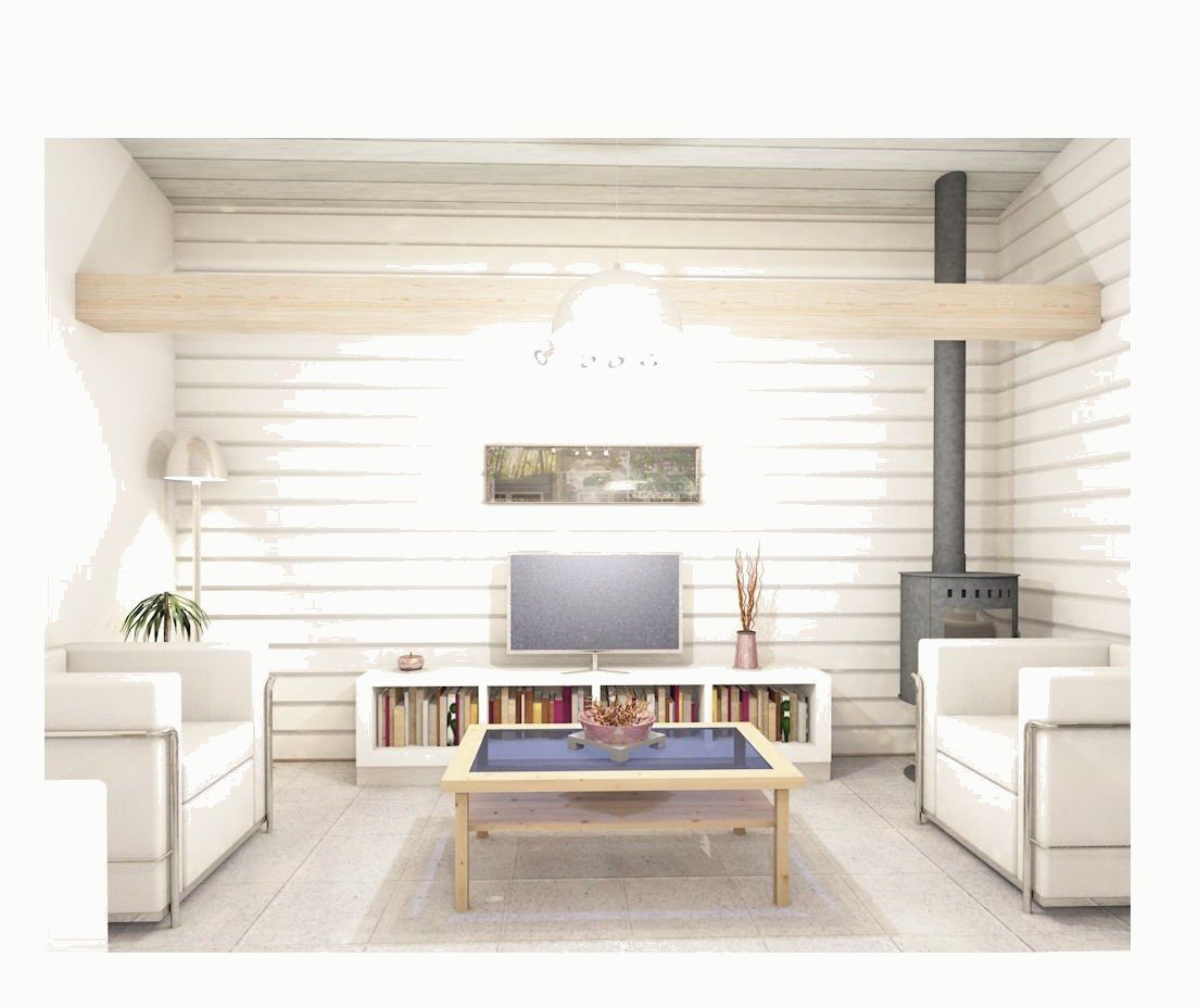 Interior render: living room with white panelled walls, a low media unit and a black wood-burning stove.
