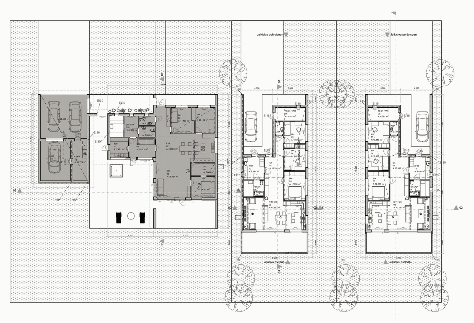 Site plan of the three adjacent plots with the floor plan of each house.