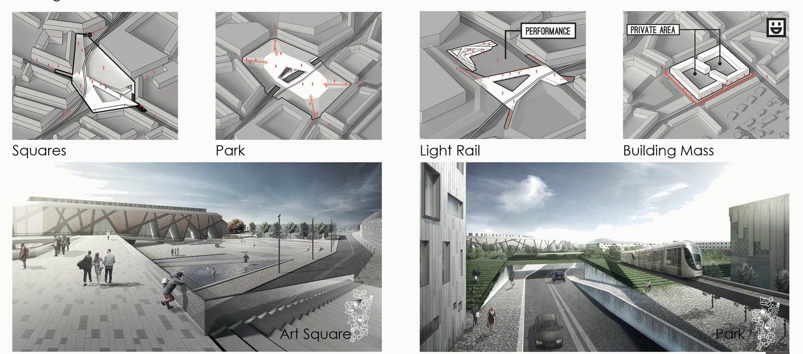 Strategy diagrams for squares, park, light rail and building mass, with renders of the art square and a sunken light-rail line.