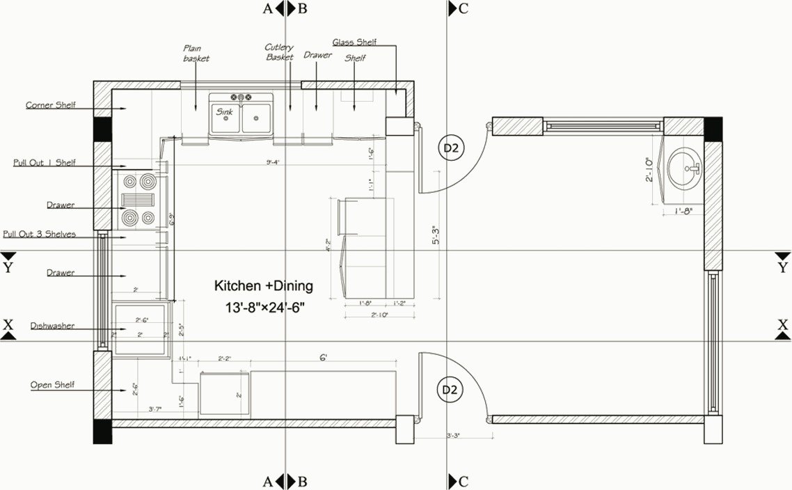 Kitchen and dining layout plan with dimensions.