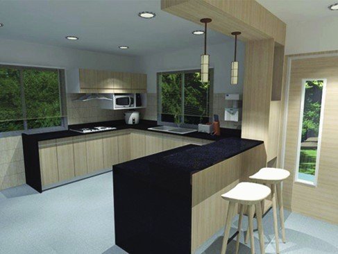Kitchen render: light cabinets, black worktop and raised island breakfast bar with stools and pendant lights.