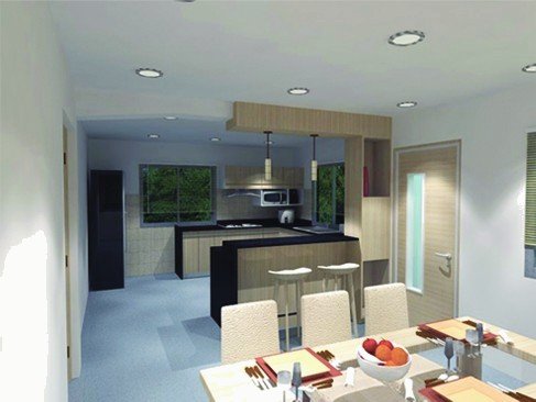 Dining render looking towards the kitchen island.