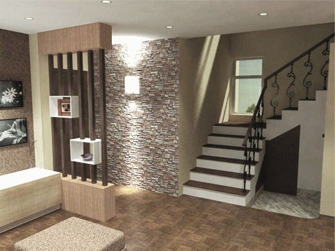 Entrance render: timber slatted screen beside a stone feature wall and staircase.