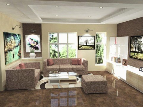 Living room render: sofas on a dark wooden floor with colourful paintings and textured wallpaper.