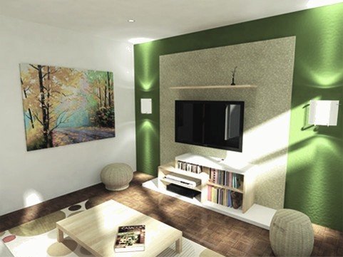 Private living room render: television on a green feature wall with shelving.
